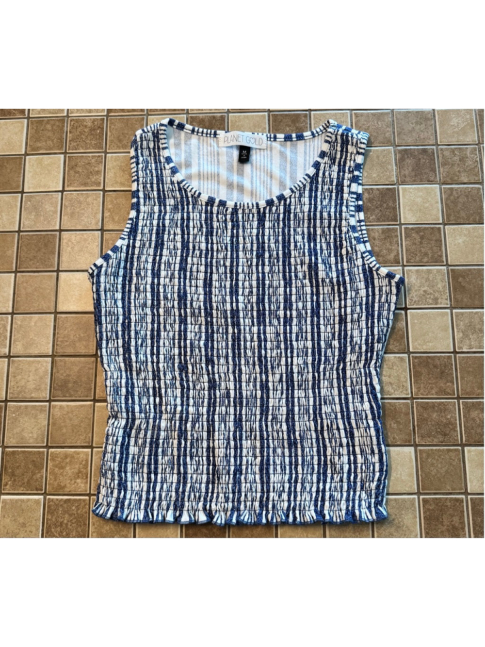Women's Planet Gold Blue White Striped Smocked Tank Top M
